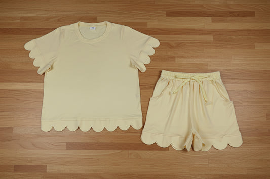 adult clothes women solid yellow scallop shorts set