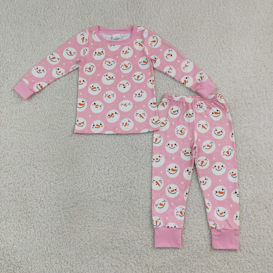 pink snowman print two pieces pajamas