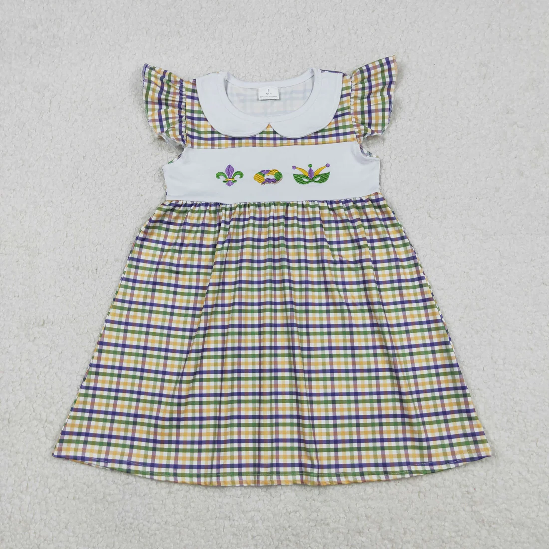 Sibling Baby Boys Girls Embroidery Anchors Donuts Masks Plaid Dress Mardi Gras Set