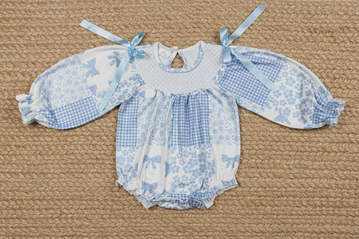 long sleeve blue bow coquette smock bubble romper