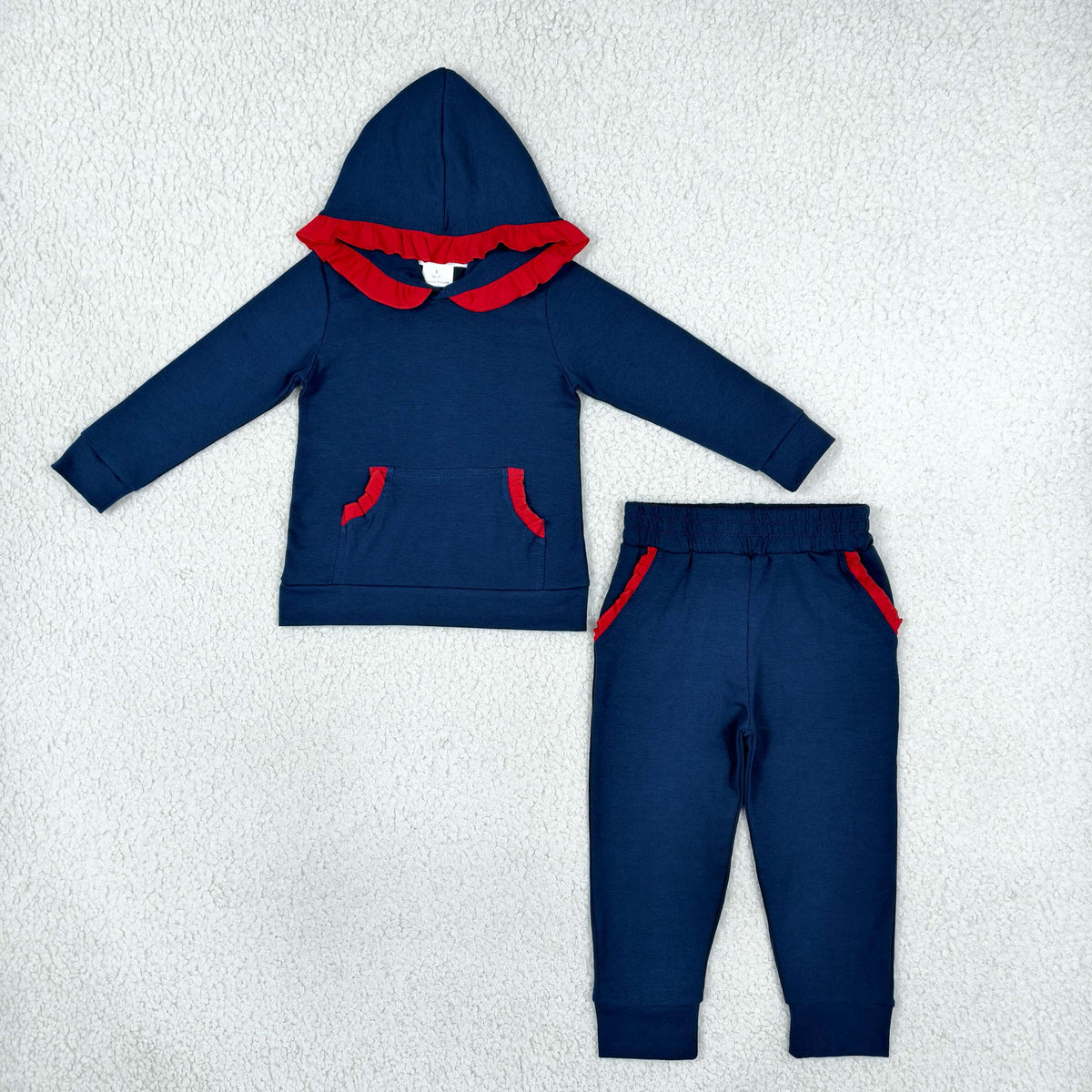 solid navy with red ruffles hoodie outfit girls clothing