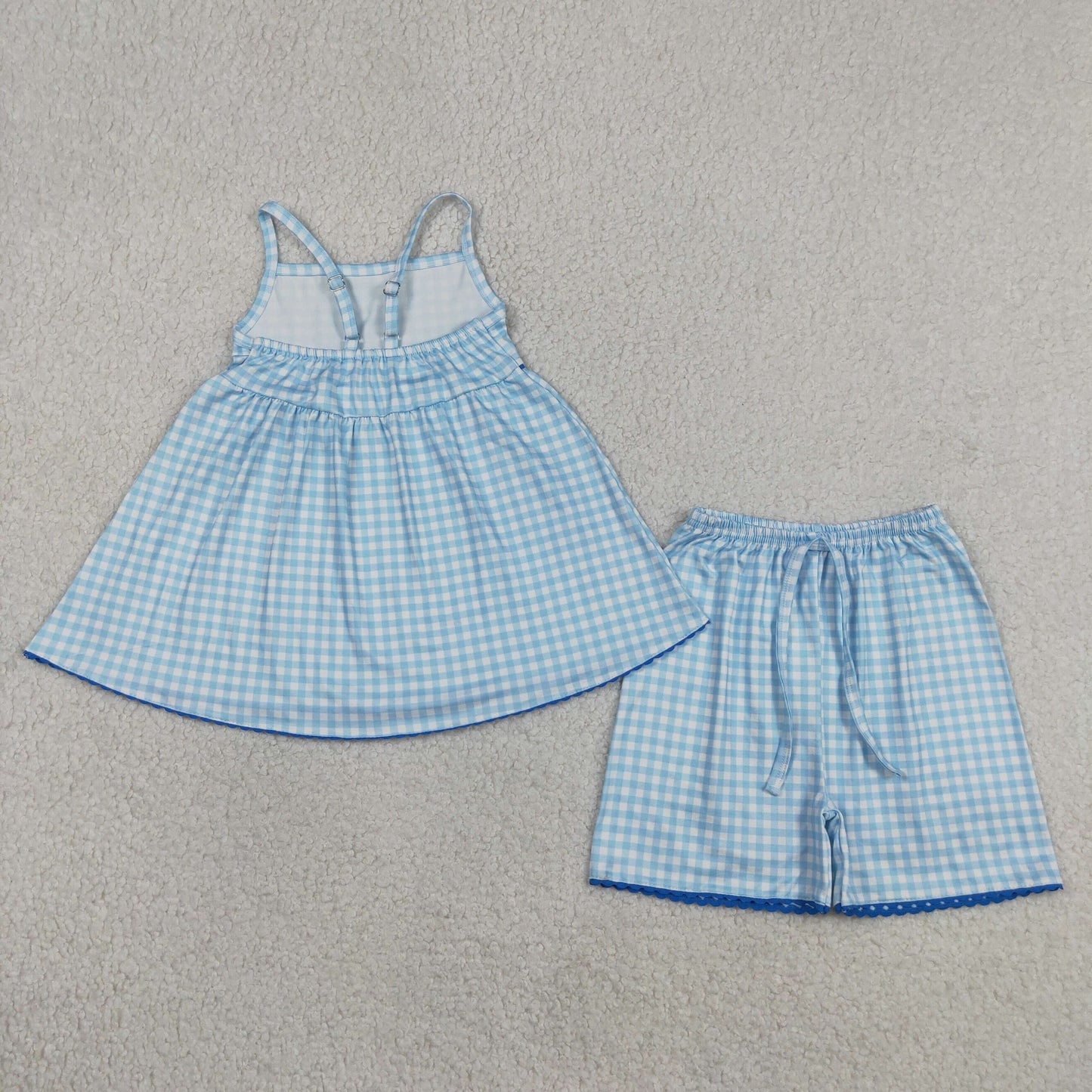 blue gingham suspender shorts set summer girl clothing