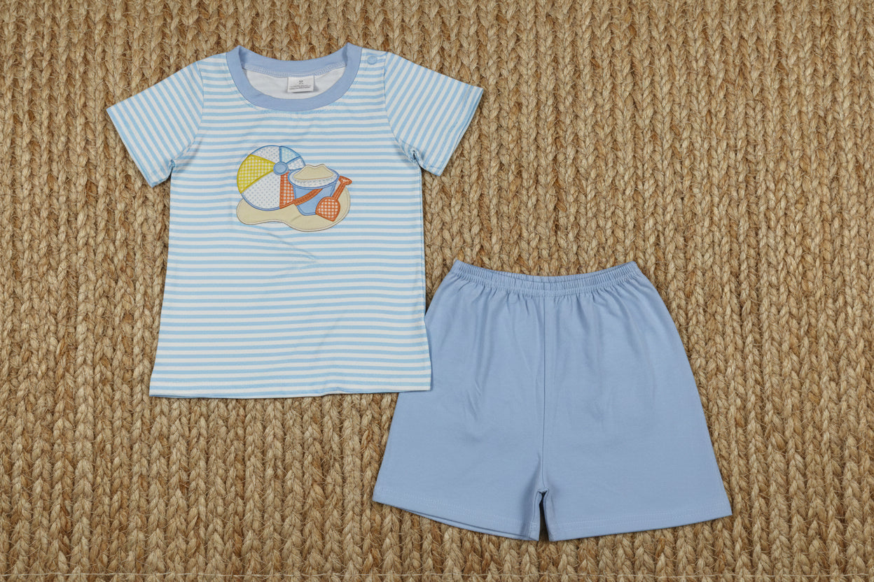 blue beach days embroidery boy shorts set summer clothes