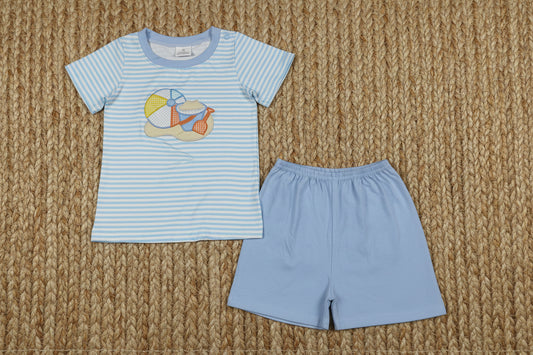 blue beach days embroidery boy shorts set summer clothes