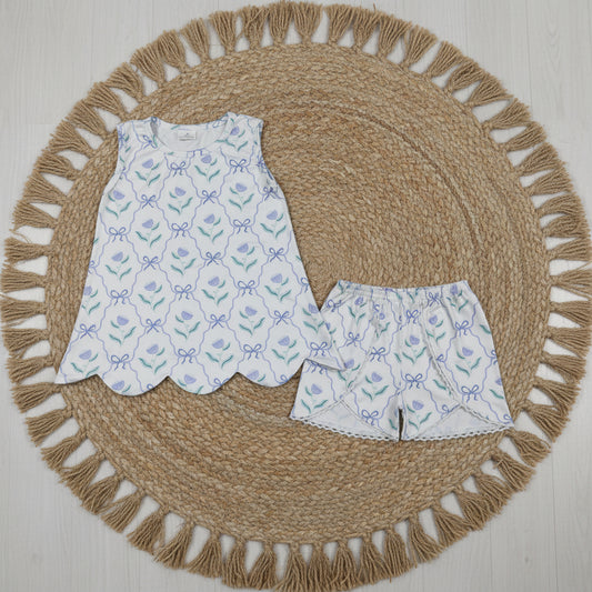 blue bow floral scallop shorts set summer girl clothing