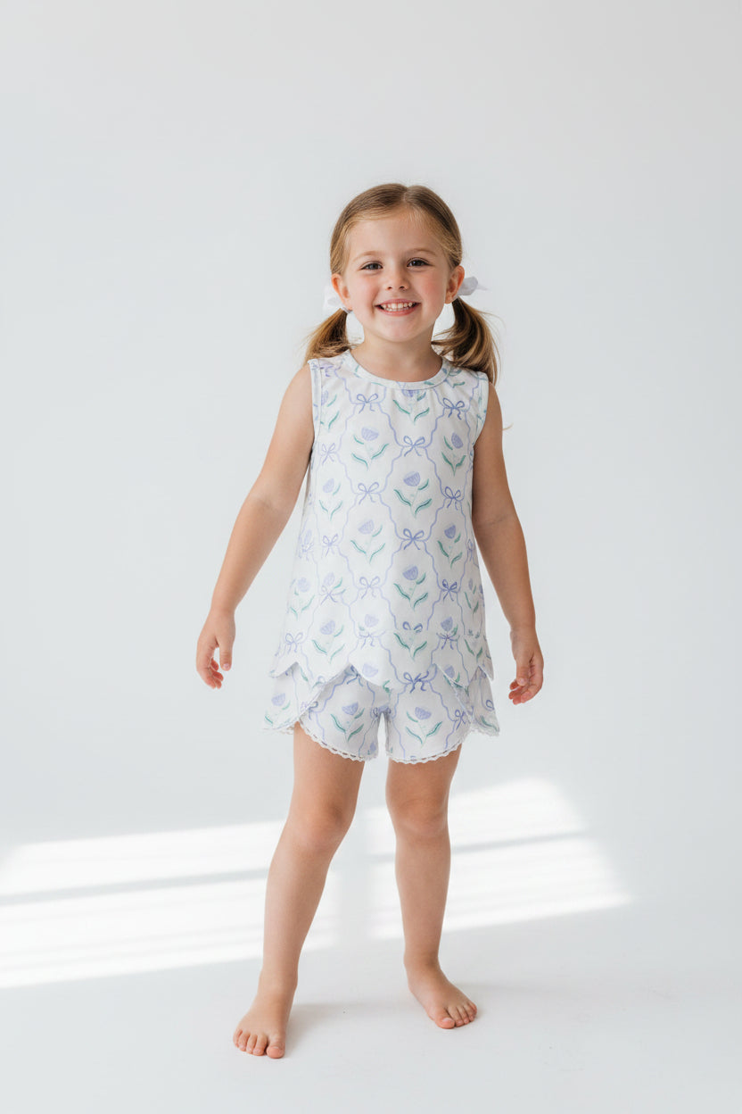 blue bow floral scallop shorts set summer girl clothing
