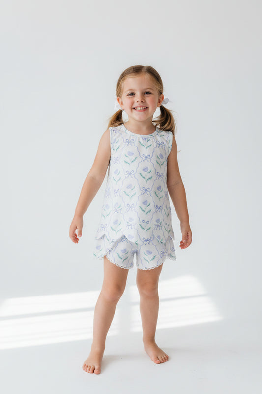 blue bow floral scallop shorts set summer girl clothing