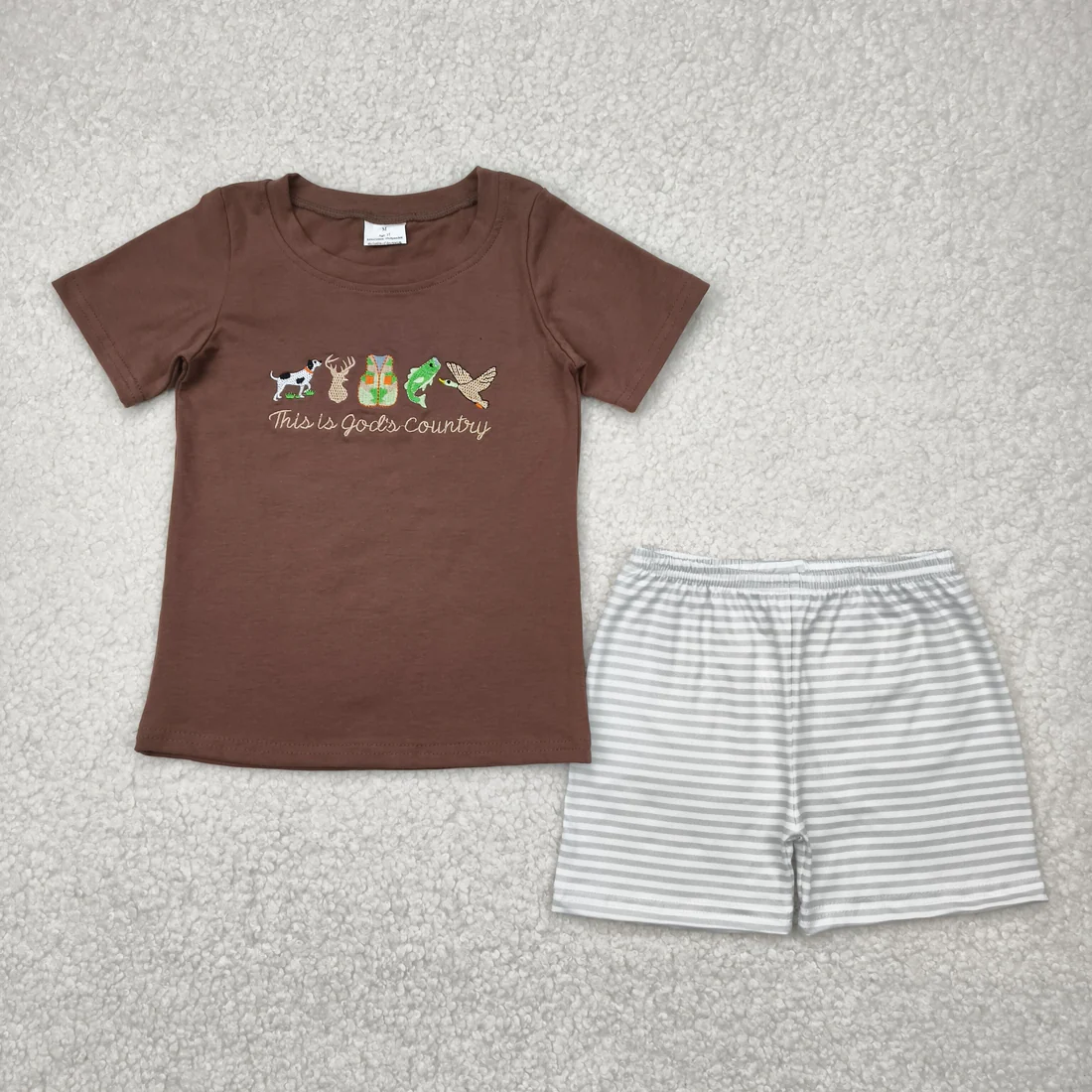 Sibling Baby Boys Girl Short Sleeves Embroidery Ducks Deer Fish Tops Stripes Short Hunting Sets