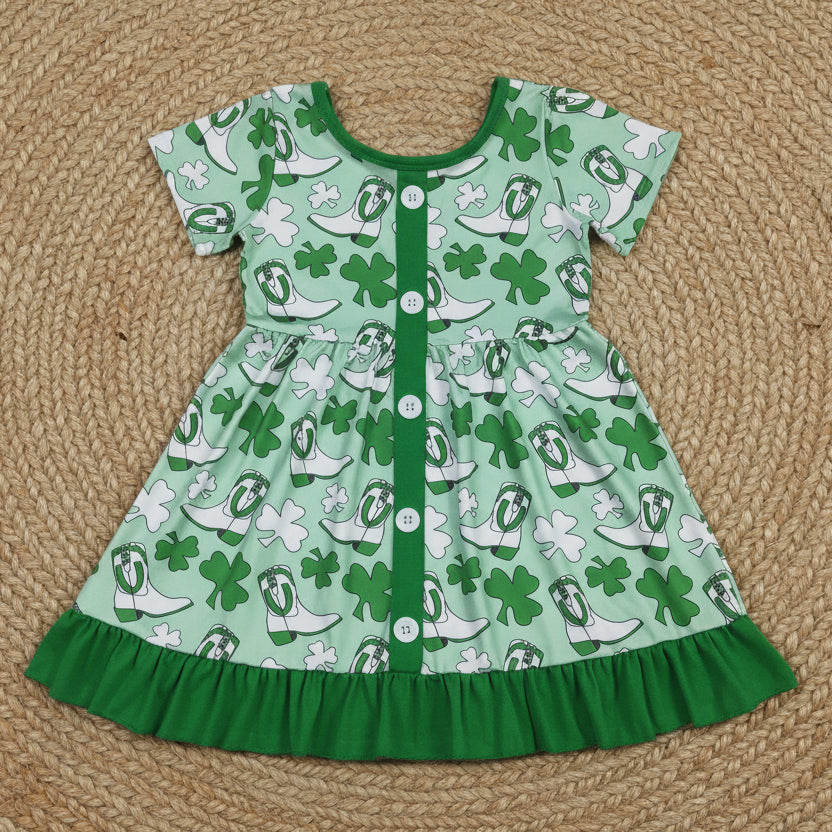 st patrick green clove boots print button ruffle twirl dress