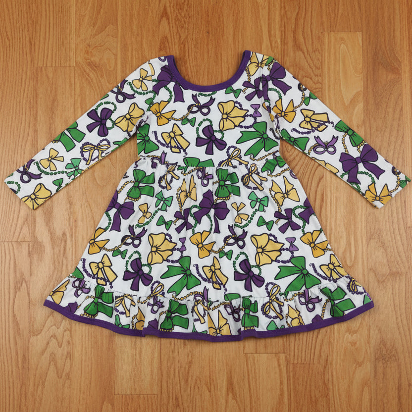 purple green gold coquette bow mardi gras baby girl dress