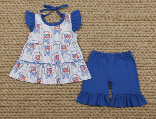 4th of july blue bow flag shorts set toddler girl clothing