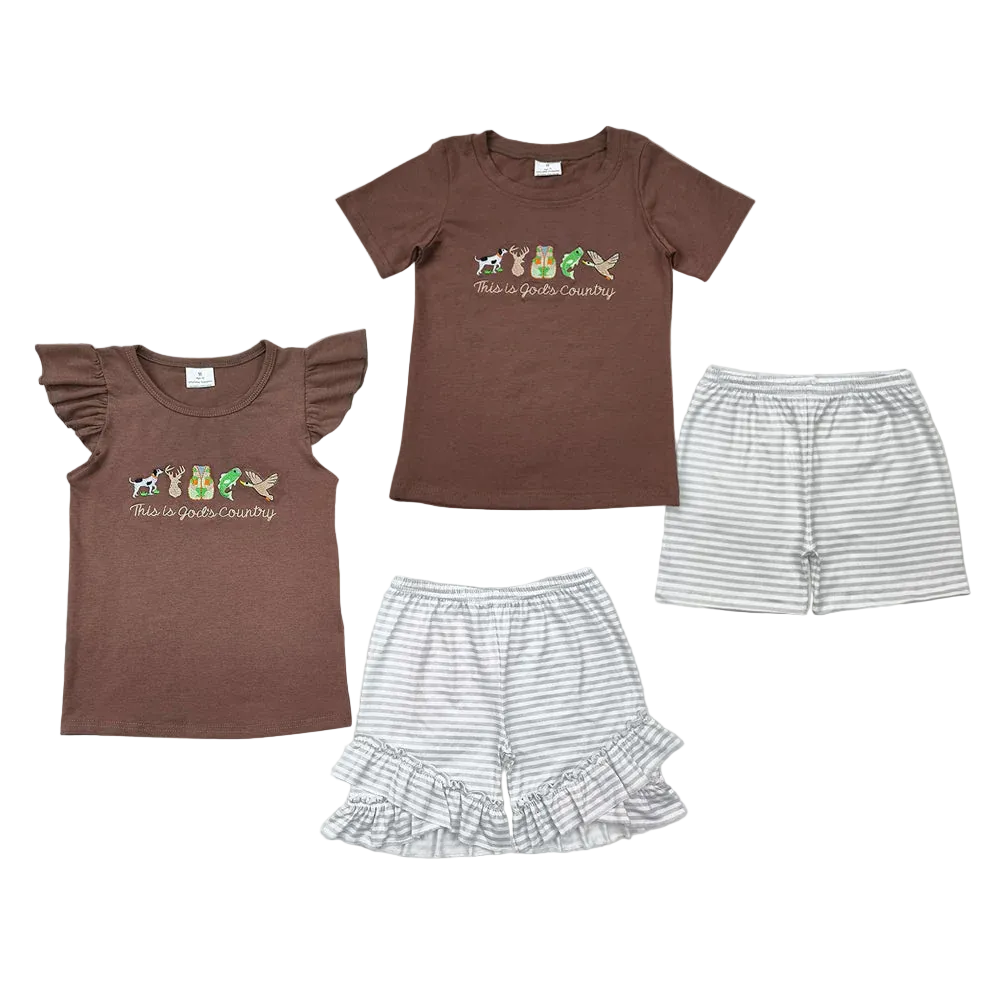 Sibling Baby Boys Girl Short Sleeves Embroidery Ducks Deer Fish Tops Stripes Short Hunting Sets