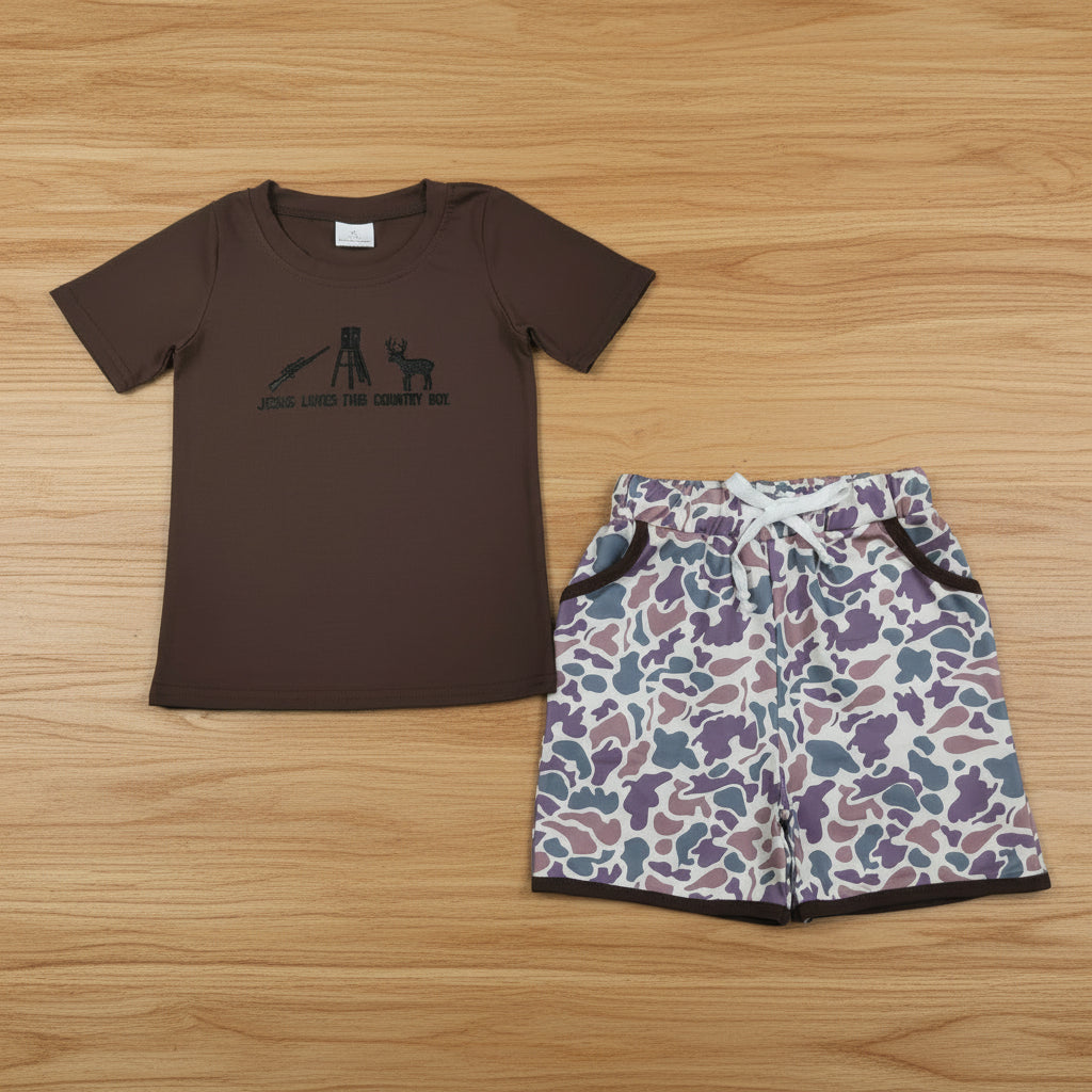 jesus loves this country boy embroidery camo shorts set