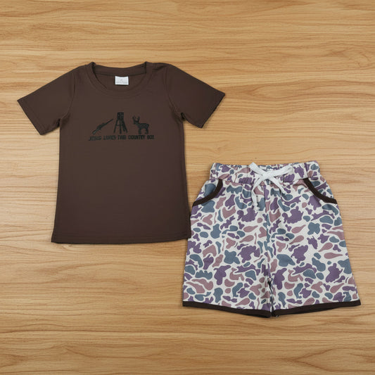 jesus loves this country boy embroidery camo shorts set