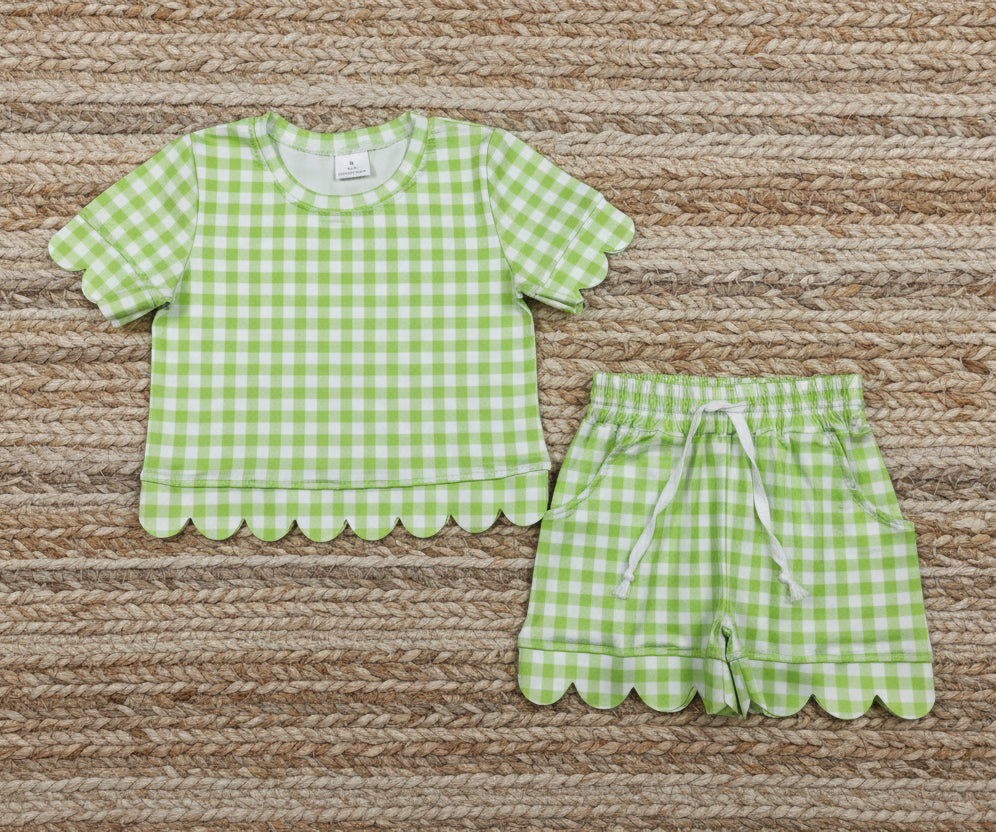 green plaid gingham scallop shorts set summer clothing