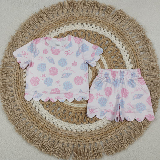 beach floral shell scallop shorts set