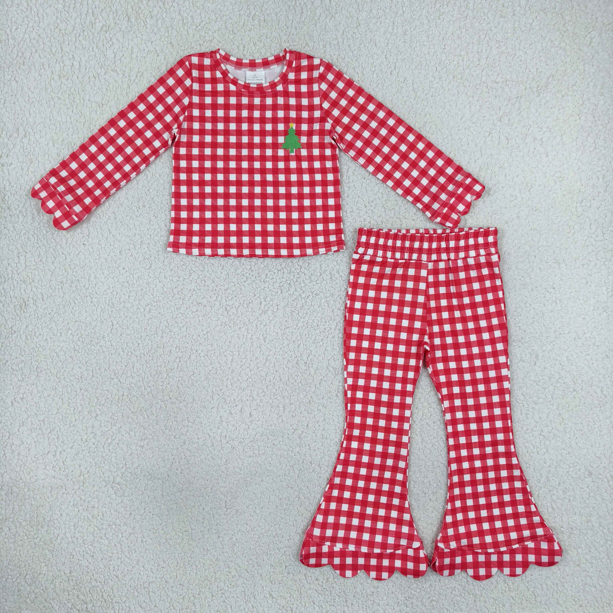 red gingham scallop outfit with embroidery tree pattern