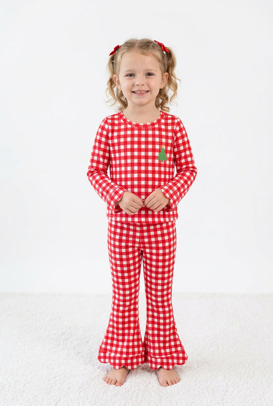 red gingham scallop outfit with embroidery tree pattern