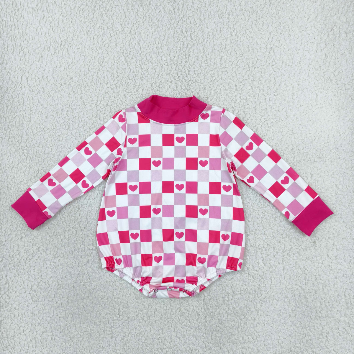 LR3337 valentine's day pink checker heart mock neck romper baby clothes