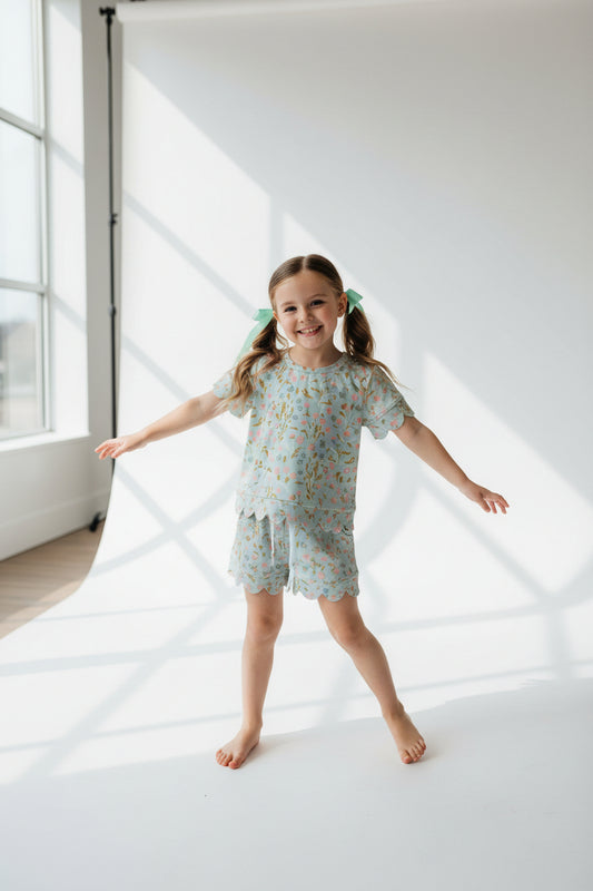 floral scallop shorts set summer girl clothing