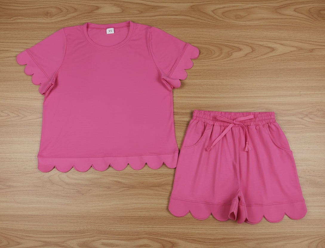 adult clothes women solid hot pink scallop shorts set
