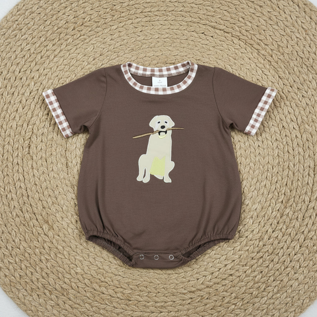 SR3470 brown dog embroidery bubble boy romper