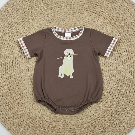 SR3470 brown dog embroidery bubble boy romper