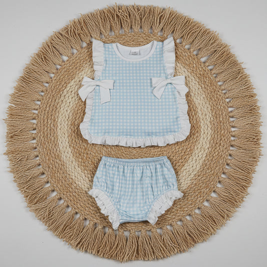 sleeveless blue white gingham ruffle bummie set