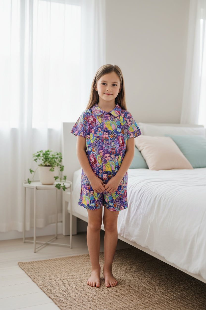 kpop button down shorts pajama set girls sleepwear