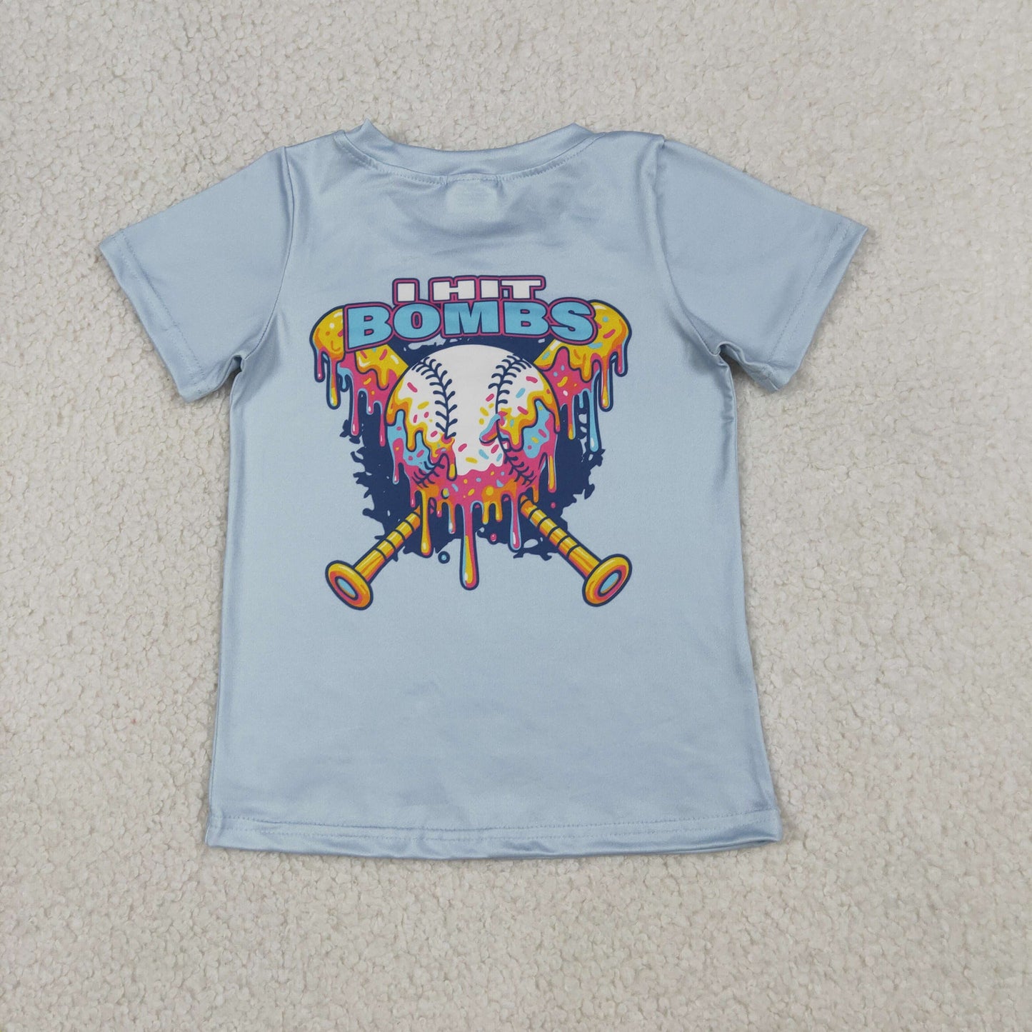 BT1251 unisex child i hit bombs baseball print blue tee