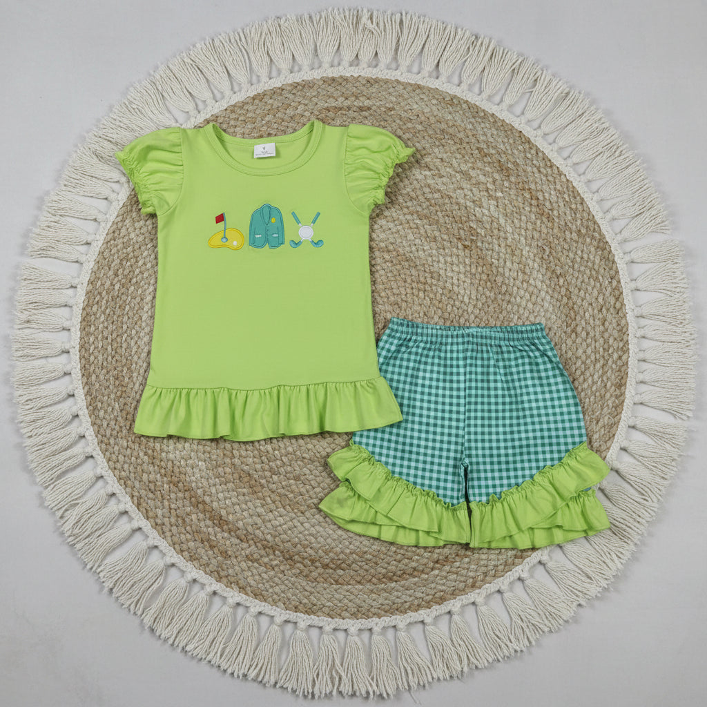 green golf embroidery girl shorts set toddlers clothes