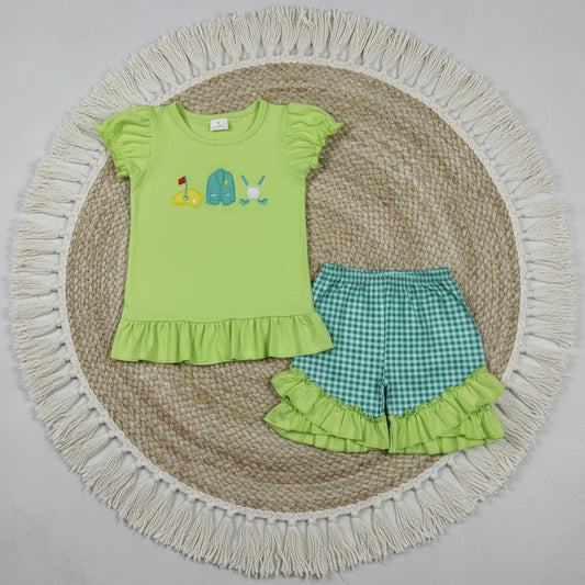 green golf embroidery girl shorts set toddlers clothes