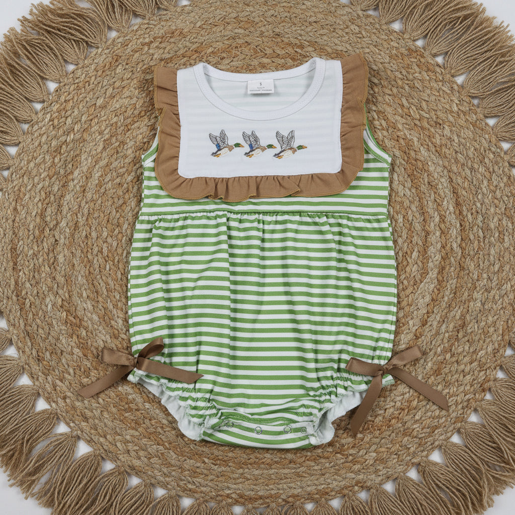 green stripes duck embroidery girl bubble romper
