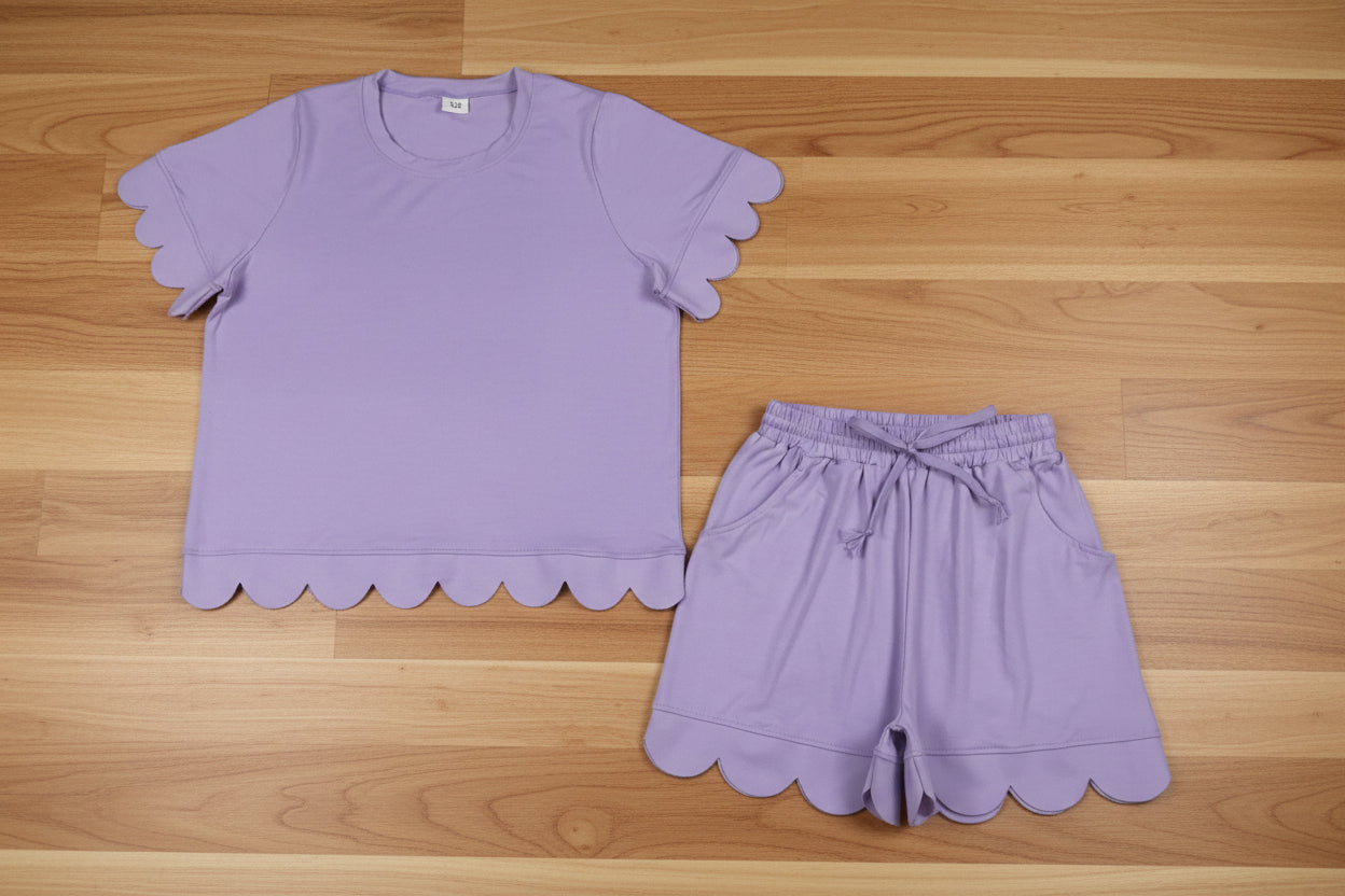 adult clothes women solid purple scallop shorts set
