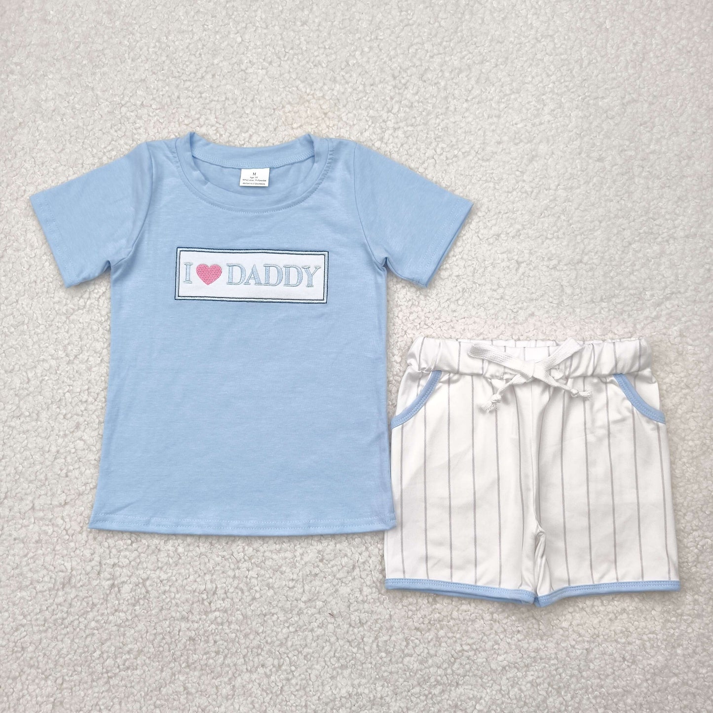 BSSO1434 embroidery blue i love daddy shorts set