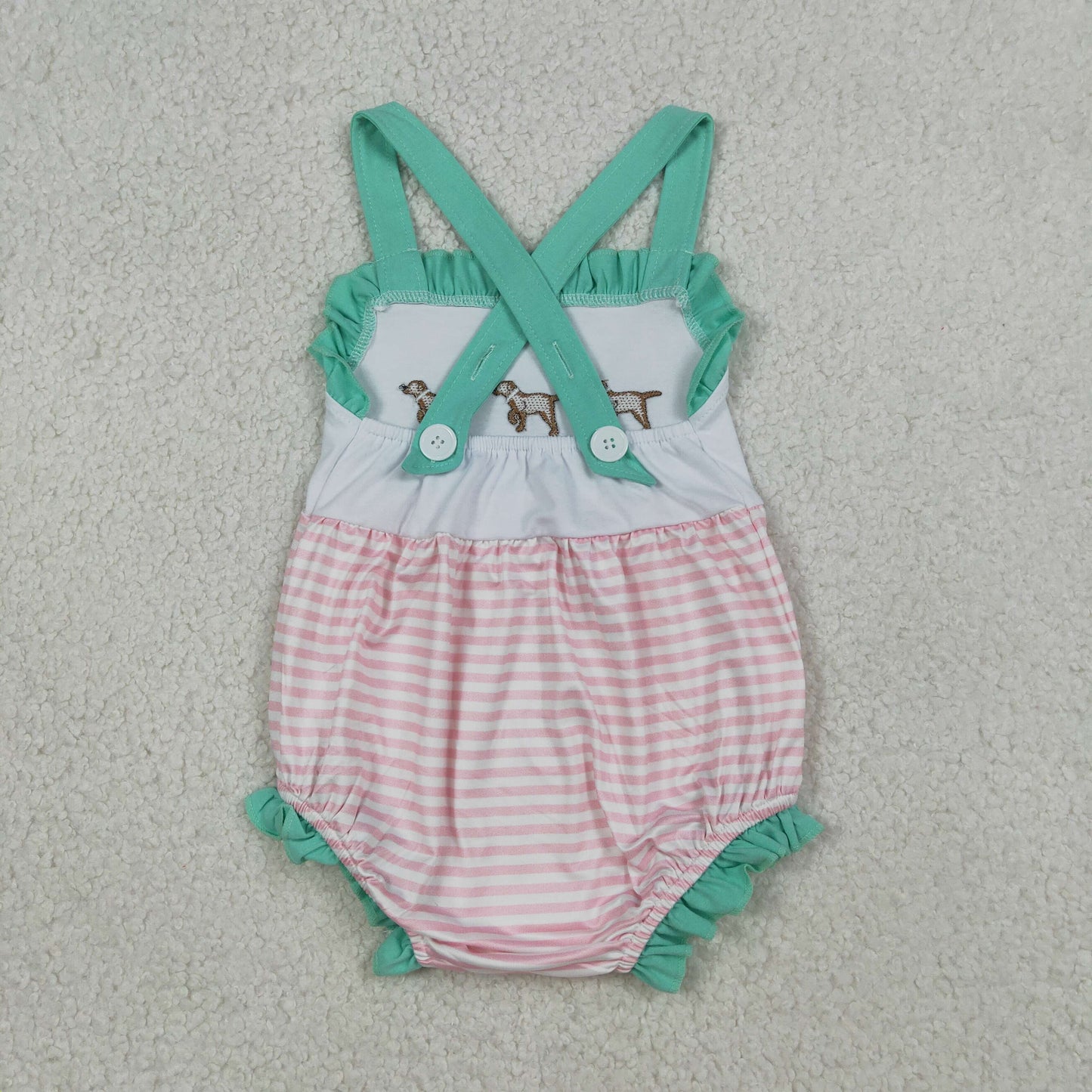 SR3558 pink stripes dog embroidery cross back bubble romper infant clothes