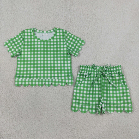 green gingham scallop shorts set girl summer clothing