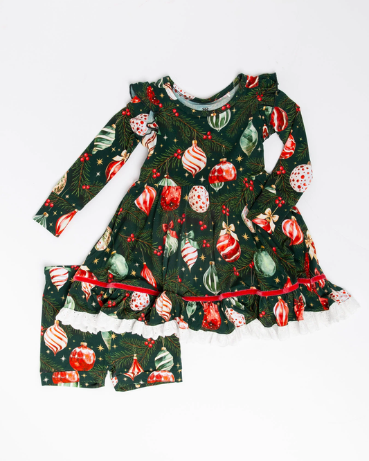 MOQ 8 TAT 7-8weeks custom order Hung Up On Christmas Long Sleeve Party Dress & Shorts Set