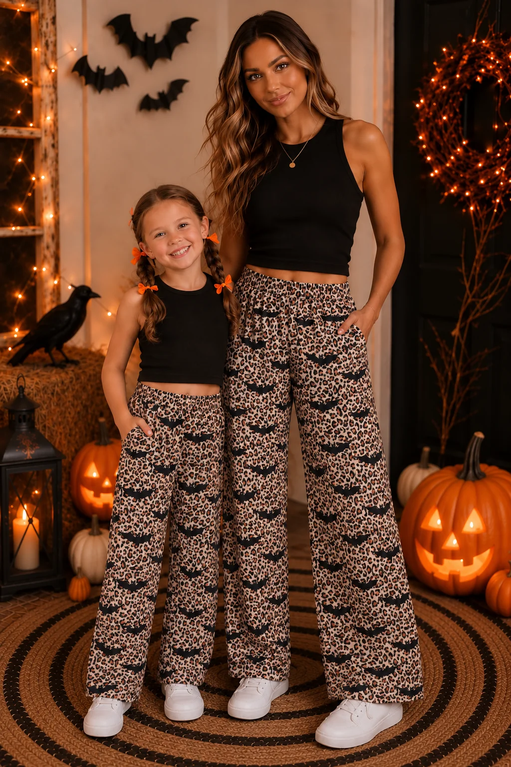 leopard with bat mommy and me wide leg pants