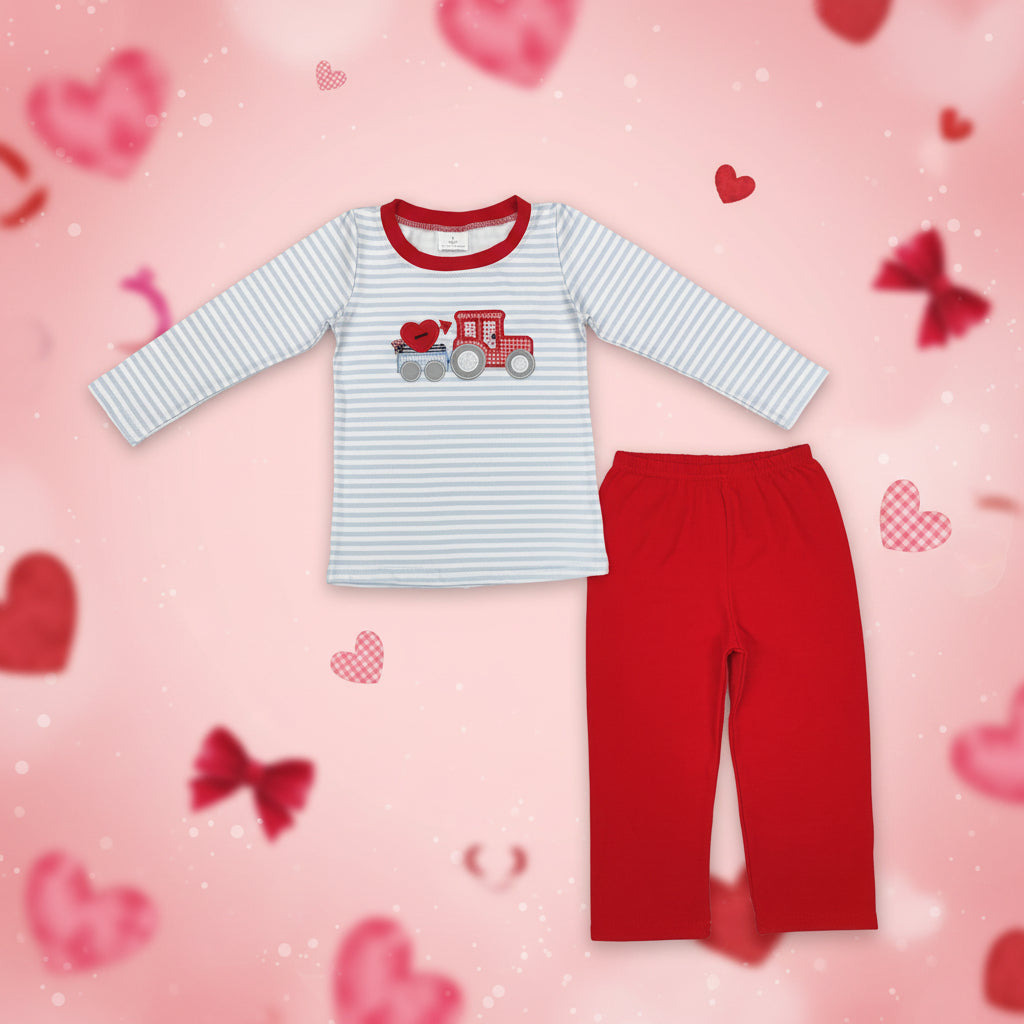 embroidery valentine tractor boys pants set