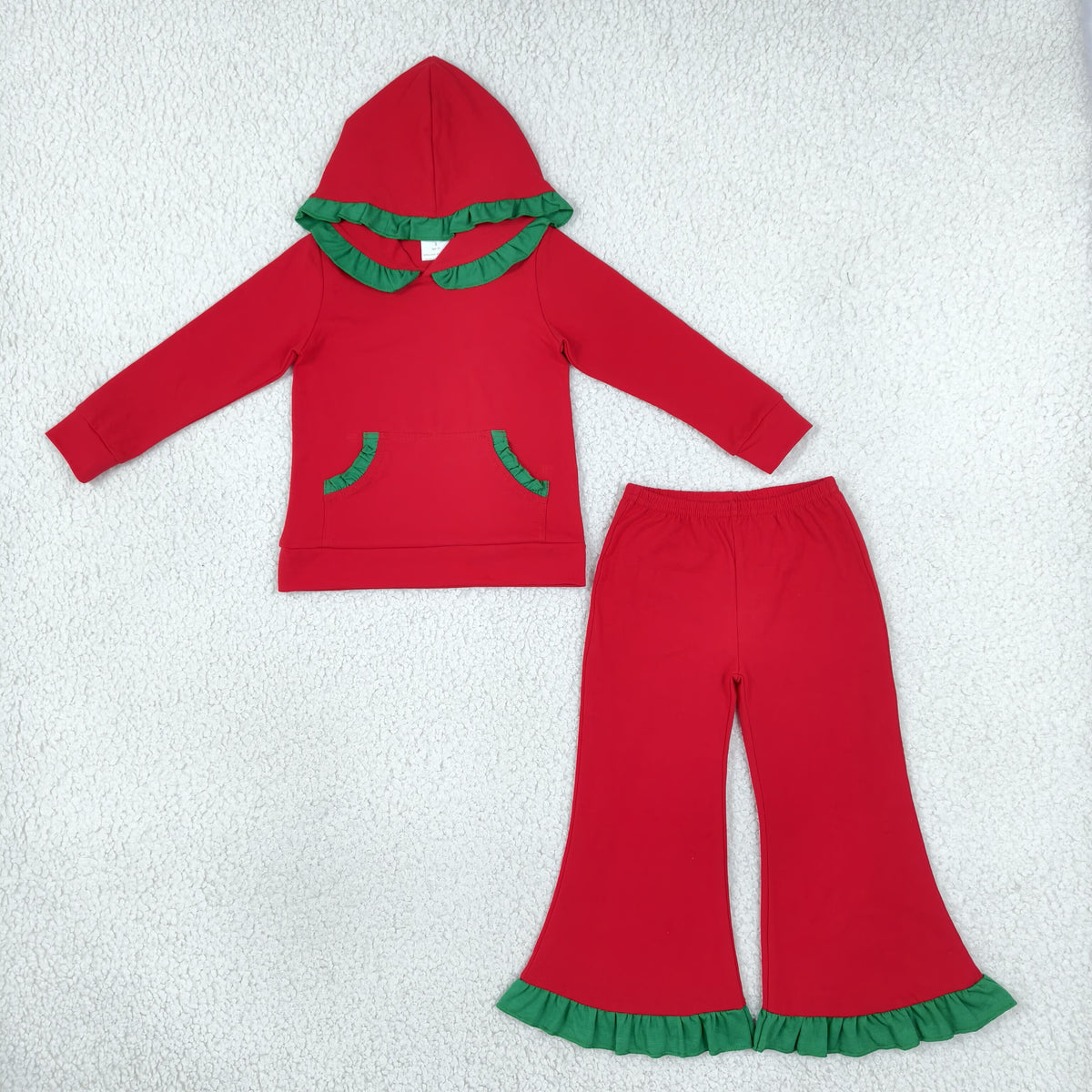 GLP3751 baby girls Christmas solid red long sleeves ruffle hooded outfits