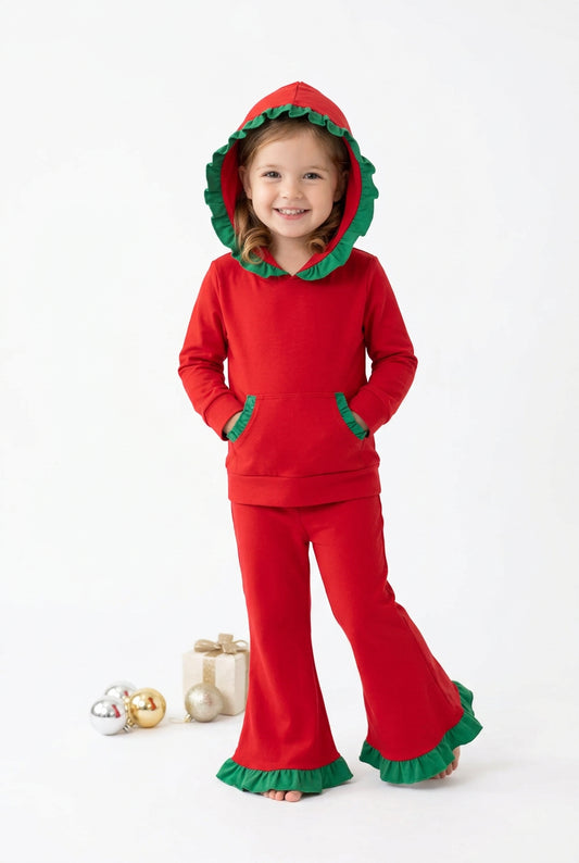 GLP3751 baby girls Christmas solid red long sleeves ruffle hooded outfits