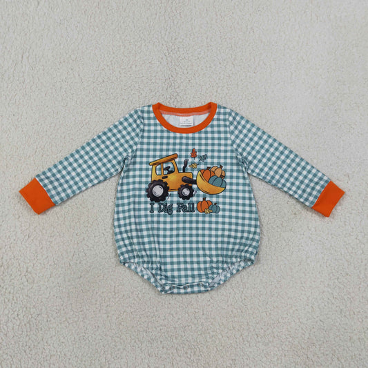 SR3237 i dig fall pumpkin tractor gingham romper