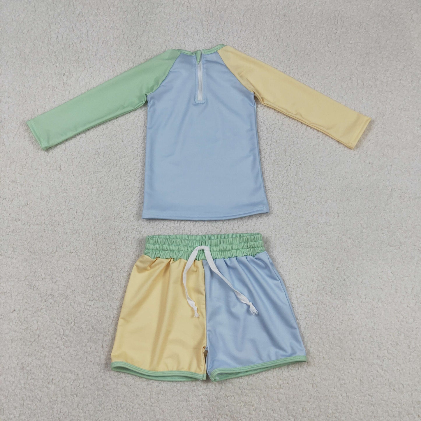 solid colorful boy long sleeve zip-up rash guard swimsuit set