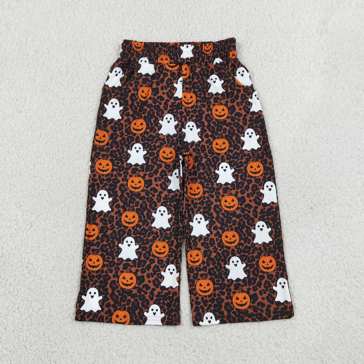 leopard with ghost and pumpkin halloween bell bottom pants