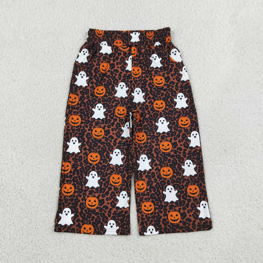 leopard with ghost and pumpkin halloween bell bottom pants