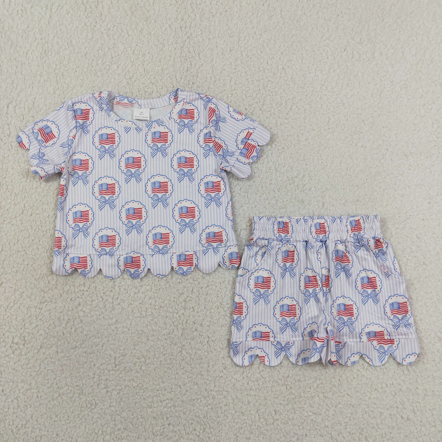 stripes flag bow scallop shorts set