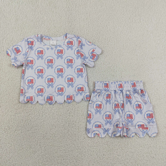 stripes flag bow scallop shorts set