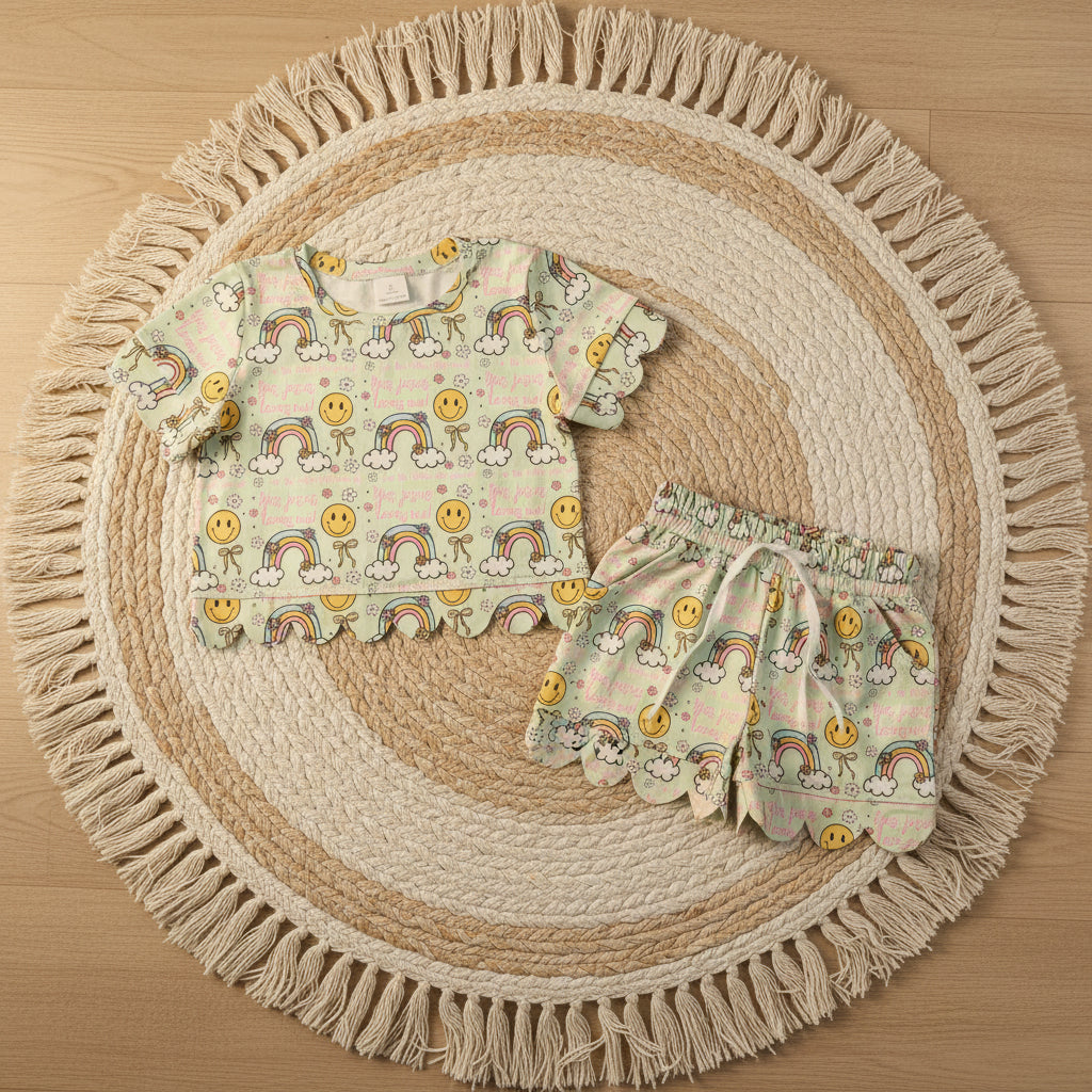jesus loves me rianbow scallop shorts set summer girl clothing