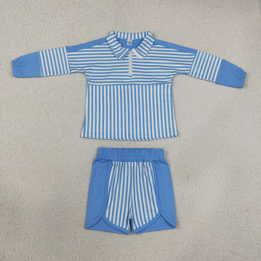 long sleev blue striped pullover shorts athletic outfit